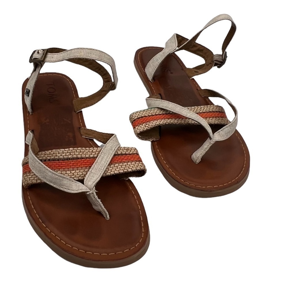 Toms Beige Orange Weaved Straw Jute Canvas Tan Flat Sandals Size 7 Women's